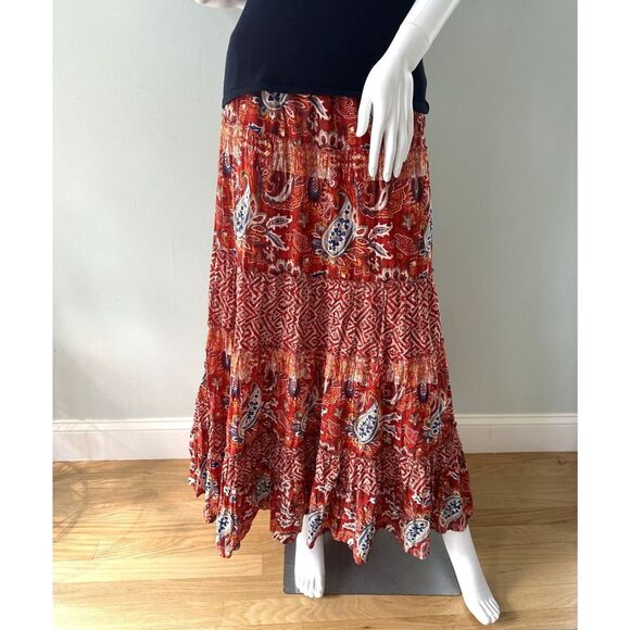 Boho Red Paisley Patchwork Maxi Skirt Tiered Crinkle Elastic Waist size Large - Picture 7 of 8